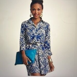 CABI Jewel Diamond Collared 3/4 Sleeve Blue Button Up Shirt Dress Size Small